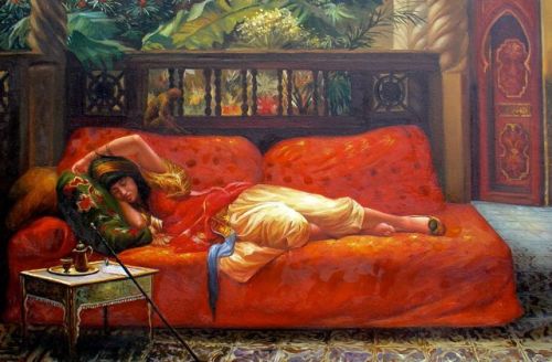 peinture-bridgman-la-sieste-tableaux-jean-jacques-rio-galerie-art-deco-auray-attention-a-la-peinture